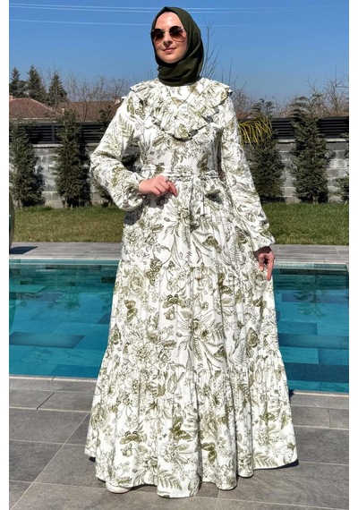 Rabia Şamlı Botanik Elbise Yeşil Normal