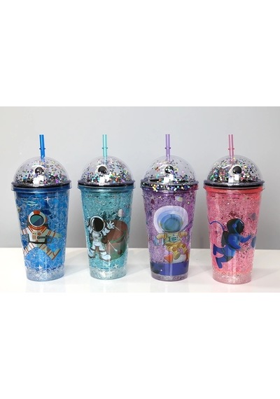 Sevimli Astronot Işıklı Pipetli Pullu Suluk & Bardak 400 Ml Alk3148
