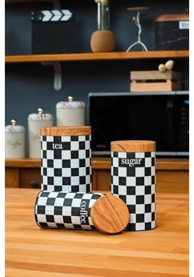Ucr Home 3&apos Lü Set Metal Çay Kahve Şeker Saklama Kavanozu - Dama Desenli 12 Izgara