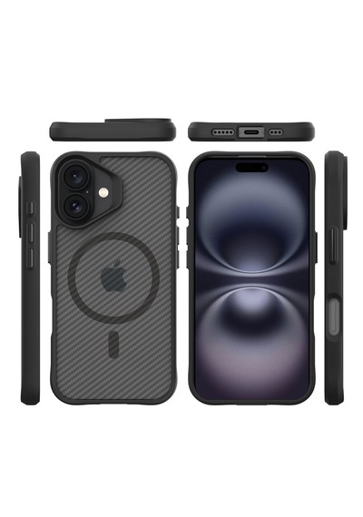 Bix iPhone Uyumlu 16 Carbon Fiber Force Magsafe Kılıf Anti-şok Teknolojili Kamera Ve Ekran Korumalı Karbon