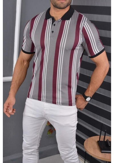 Mcz Giyim Bordo - Gri Renk Polo Yaka Slim Fit Erkek T-shirt Bordogri