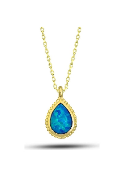 925 Ayar Gümüş Gold Damla Mavi Opal Taşlı Kadın Kolye