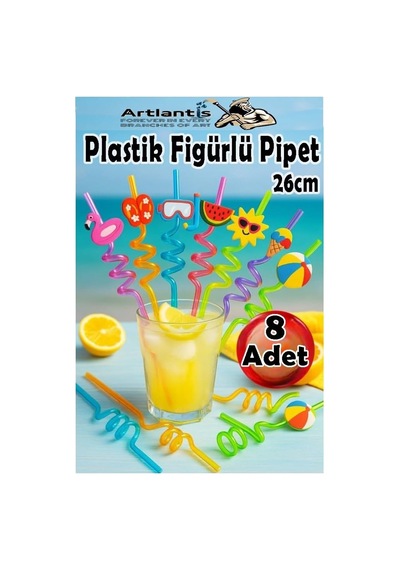 Figürlü Pipet 8 Adet Sevimli Renkli Kıvrımlı Pipet 26 Cm Dekoratif Kokteyl Yıkanabilir Emoji Çocuklar İçin Genel