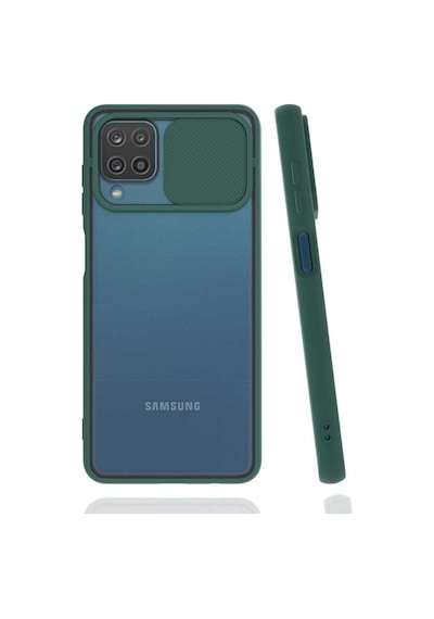 Noktaks - Samsung Galaxy Uyumlu A12 - Kılıf Slayt Sürgülü Arkası Buzlu Lensi Kapak - Koyu Yeşil