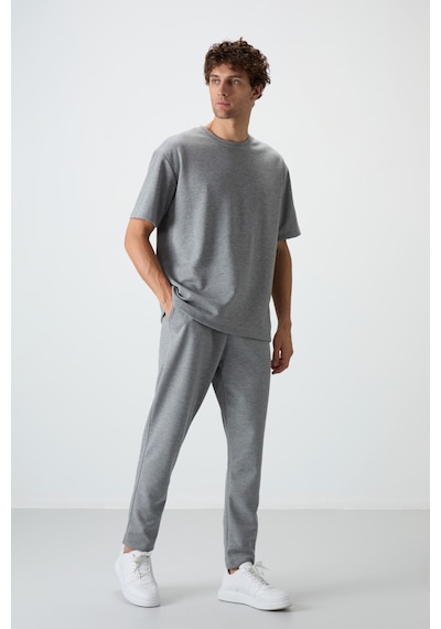 Tommy Life Gri Melanj Pamuklu Kalın Yumuşak Dokulu Oversize Fit Basic Erkek Eşofman Takım - 85251 GRİ MELANJ