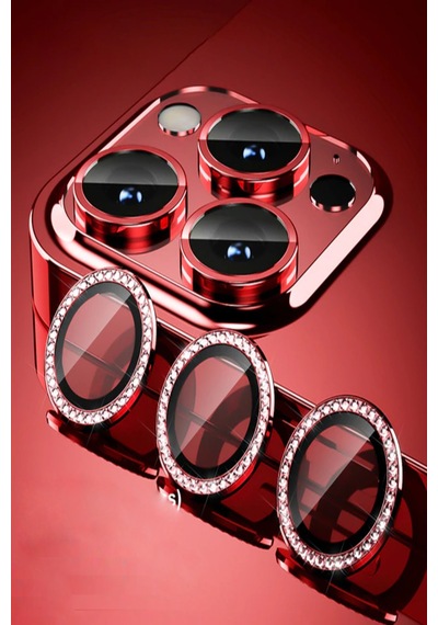 Apple Uyumlu iPhone 11 Pro ile Taşlı Tasarım Temperli Cam Kamera Lens Koruyucu - Kırmızı