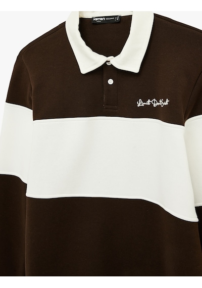 Koton Uzun Kollu İşlemeli Renk Bloklu Polo Yaka Sweatshirt Kahverengi 6sam70030mk Kahverengi