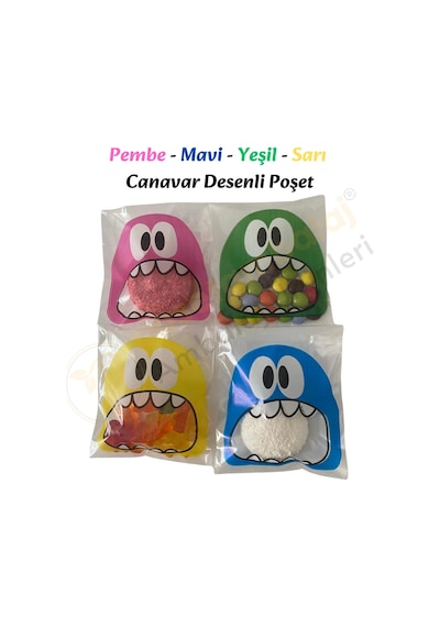 100 Adet 4 Renkli Canavar Desenli Cake Pop & Kurabiye Poşeti - 10x15 Cm