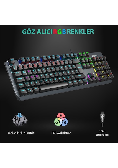 Lecoo GK301 USB Kablolu Blue Switch Makrolu RGB Gaming Mekanik Türkçe Q Klavye Metalik Gri