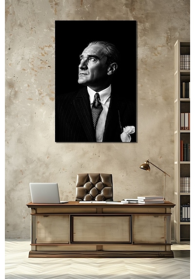 Atatürk Siyah Beyaz Portre Cam Tablo Klasik Şık Uv Baskı Duvar Dekoru