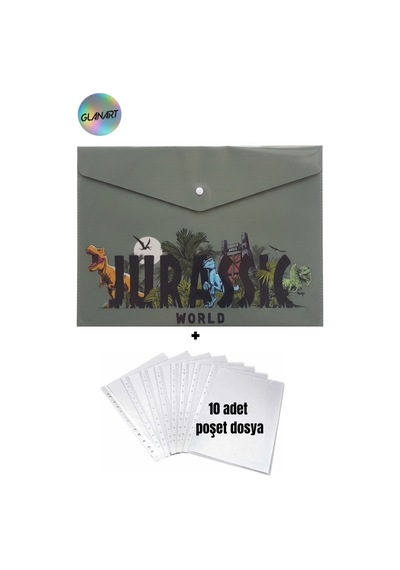 A4 Boy Çıt Çıt Ödev Dosyası +10' Lu Poşet Dosya Jurassic World Gri