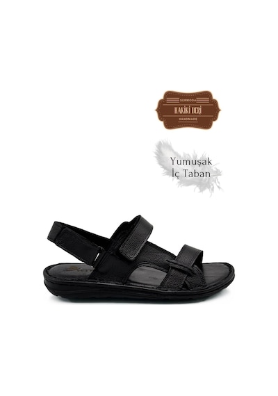 Sermoda Hakiki Gerçek Deri Cırtlı Erkek Sandalet Şırıngıl Siyah