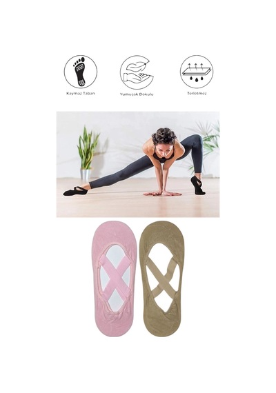 2 Adet Kadın Kaydırmaz Tabanlı Yoga Pilates Fitness Dans Ve Spor Çorabı Pembe - Bej