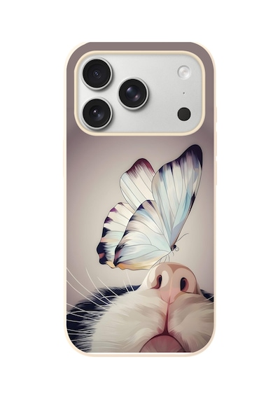 İphone 17 Pro Uyumlu Kelebekli Kedi Baskılı Silikon Kılıf