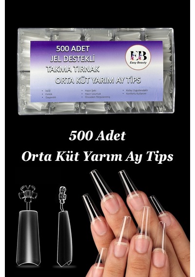 500 Adet Orta Küt Jel Destekli Yarım Ay Protez Tırnak Uzatma Tips Özel Saklama Kutusunda Orta-küt