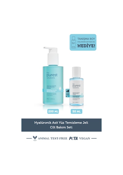 The Purest Solutions Nemlendirme Etkili Hyalüronik Asit Yüz Temizleme Jeli Cilt Bakım Seti: 200 ml + 50 ml Tanışma Boy