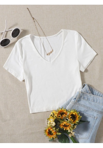 Liona V Yaka Beyaz Renk Fitilli Kısa Kollu Regular Crop Top Bluz