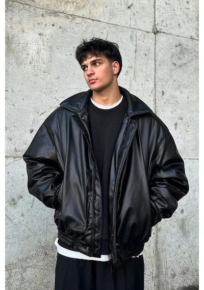 Oversize Vintage Erkek Siyah Deri Ceket Siyah