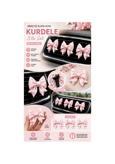 Kurdele Araç İçi Klima Süsü Pastel Pembe 3'lü Set Klipsli Araba Klima Süsü Oto Aksesuar