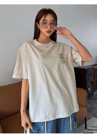 Flood Of Style Kadın Bej Love Love Love Baskılı Oversize T-shirt