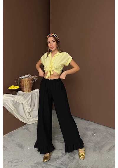 Defymoda Siyah Paçası Fırfırlı Keten Pantolon Siyah