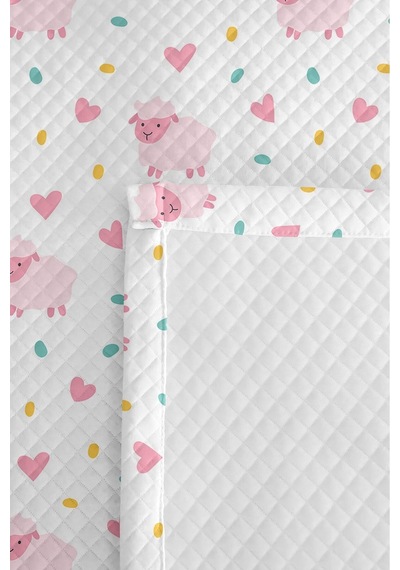 Evimde Bambaşka Kuzu Kalpli Pastel Pembe Kız Çocuk Pike Takımı-mint Sarı Sevimli Bebek Odası Yatak Örtüsü 160x220  CM