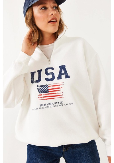 Shade Kadın Arım Fermuarlı Usa Baskılı Dik Yaka Sweatshirt 60251880 - Beyaz