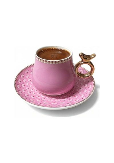 6 Kişilik Pembe Kuş Detaylı Lüks Türk Kahvesi Fincanı - 90 Ml Diğer