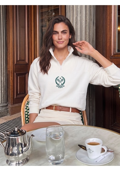 Onloox Kadın Beyaz Beyaz Pamuklu Dik Yaka Crop Yarım Fermuarlı İçi Polarlı Uzun Kollu Sweatshirt