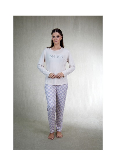 Estiva Kadın Kareli Alt Desenli Soft Uzun Kollu Pijama Takımı Bej
