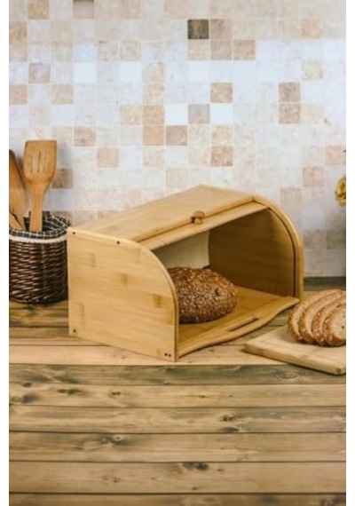 Bambu Lüks Panjur Kapaklı Büyük Ekmek Dolabı, Dolabı, Ekmek Sepeti Sandığı, Ekmeklik, Çok Amaçlı Bambu Kutu Açık Gri