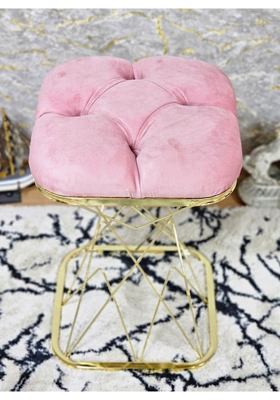 Zafir Kare Gold Kaplama Pembe Puf Oturak - Bench - Ayak Ucu Oturak - Tabure - Makyaj Oturak Pembe