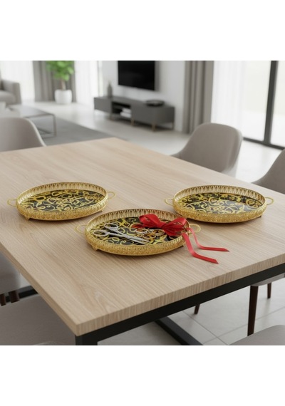 3 Adet Gold Renk Vav Desen Metal Çerçeveli Cam Nişan-servis Tepsi Seti 28 19 Cm Rosegold