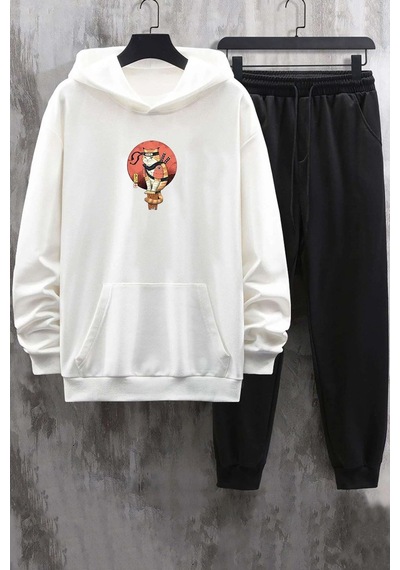 Uyguntarz Unisex Shinobi Kedi Baskılı Eşofman Takımı Beyaz