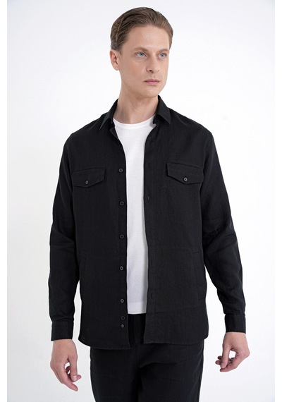 Comfort Fit Yan Cepli %100 Keten Siyah Gömlek Ceket G 1602