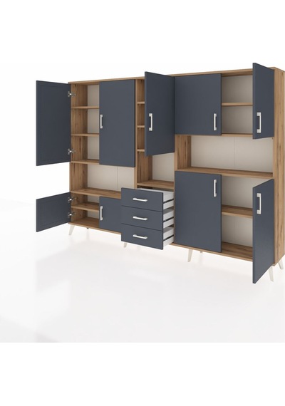 Arges Dolap 13 Raflı 3 Çekmeceli 9 Kapaklı 220x30x163 Çam-antrasi Çam-antrasit