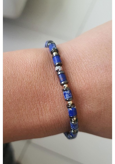 Lapis Lazuli Ve Hematit Taşlı El İşi Tasarım Doğal Taş Bileklik Gümüş 08413474