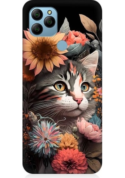 General Mobile Gm 21 Uyumlu Çiçekler Ve Kül Gri Kedi Desenli Silikon Kılıf
