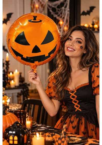 Halloween Cadılar Bayramı Balkabağı Yüzlü Folyo Balon 45 Cm 18 İnç Turuncu Yuvarlak Parti Süsü Çok Renkli
