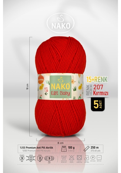 Elit Baby - 207 Alev Kırmızı - 5'li Paket - 100gr/250m - Bebek İpi - Anti Pilling Tüylenmez İp