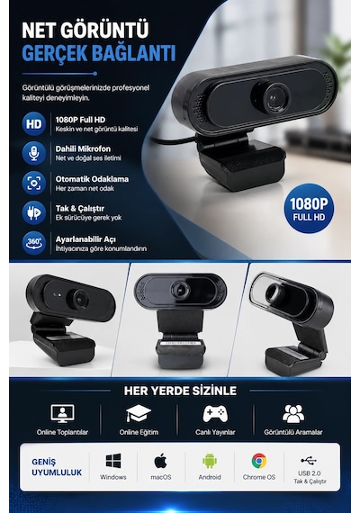 Webcam  1080p Hd Konferans Kamera Dahili Mikrofon Görüntülü Sohbet Yayın Kamerası Hd Video Ae