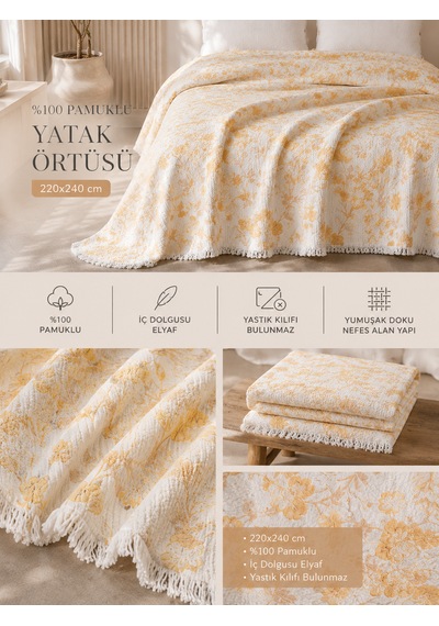 Premium Çiçek Desenli %100 Pamuk Müslin Yatak Örtüsü , Pike , 4 Mevsim Sarı