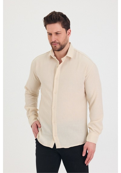 Cool Tarz Erkek Slim Fit Dar Kalıp Uzun Kol Pamuklu Keten Efekt Gömlek Krem Krem