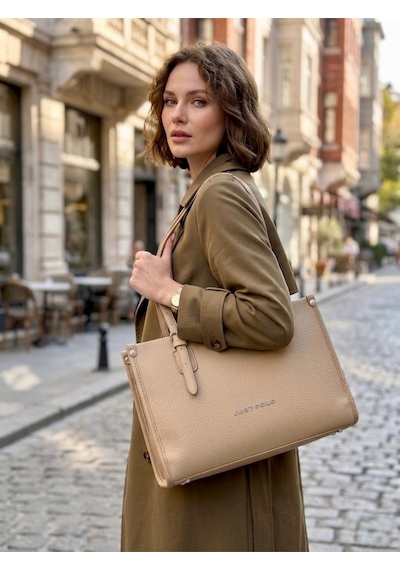 Just Polo Kadın Yeni Sezon Yumuşak Deri Büyük Boy Fermuarlı Lüks Tasarım El Çantası Shopper Vizon 18639853