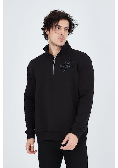 Erkek Yarım Fermuarlı Baskılı 3 İplik Pamuklu Sweatshirt - Siyah
