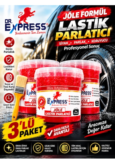 Premium Lastik Parlatıcı Jöle 500 Ml Parlak Görünüm Uzun Süre Etkili Yeniler Jel Parlatıcı Fırçalı 3'lü Set
