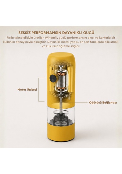 Pizen Windmill Usb Şarjlı Otomatik Baharat Öğütücü Led Işıklı Ayarlanabilir Tuz Karabiber Değirmeni Sarı