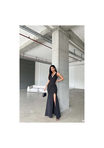 Lior Design Kadın Vintage V Yaka Yırtmaçlı Maxi Abiye Elbise Siyah