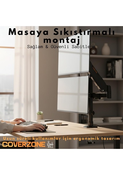 17 32 İnç Amortisörlü Çiftli Pivot Monitör Kolu, Gazlı Yaylı, 2 9 Kg, Çift Montaj Seçeneği Sıkıştırma Ve Vidalama, 360 Döner, Vesa Uyumlu Stant, M01, Siyah