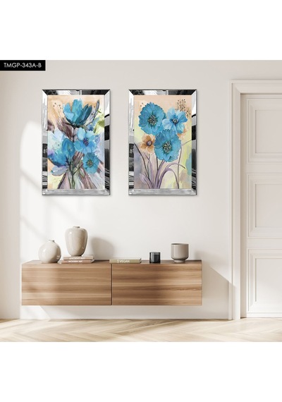 Gümüş Aynalı Pleksi Çerçeveli Mavi Modern Çiçek İkili Mdf Tablo Seti